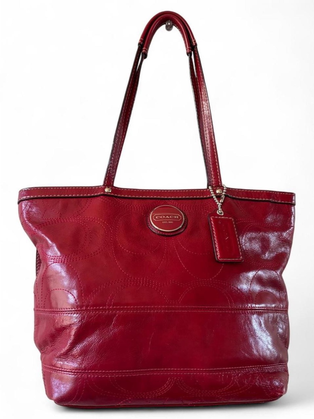 Vintage Coach red patent leather embossed tote bag (Style No. F15142)
